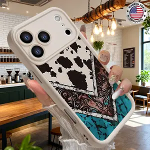 Trendy Cow Print Western Pattern Artistic Aesthetic Smartphone Casing, Slim Lightweight Shockproof Anti-Drop Protective Durable TPU Cover for iPhone 17,16,15,14 Pro Max,13,12,11,XR,XS Plus,Air - Cellphone Handheld Accessories