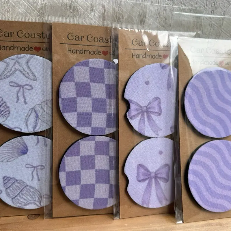 Purple Car Coasters Handmade with Unique Patterns and Designs for Car Accessories.