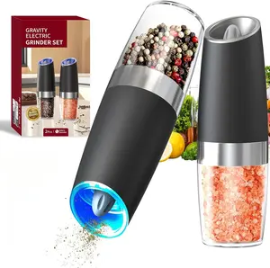 Gravity Electric Salt and Pepper Grinder Set, Automatic Pepper Grinder Shakers Mill, Upgraded Batteries Powered Adjustable Coarseness with LED, One Hand Operation Perfect for Kitchen(Black)