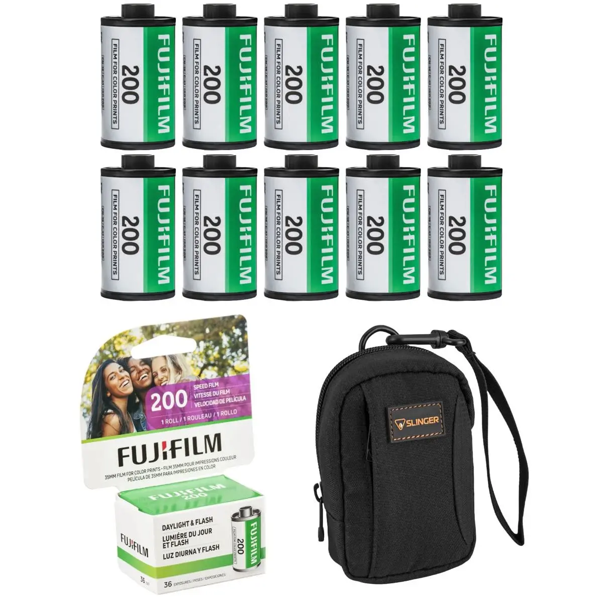 Fujifilm 35mm Color Negative Roll Film, 200 ISO, 36 Exposures (10 Pack) With Slinger Camera Bag