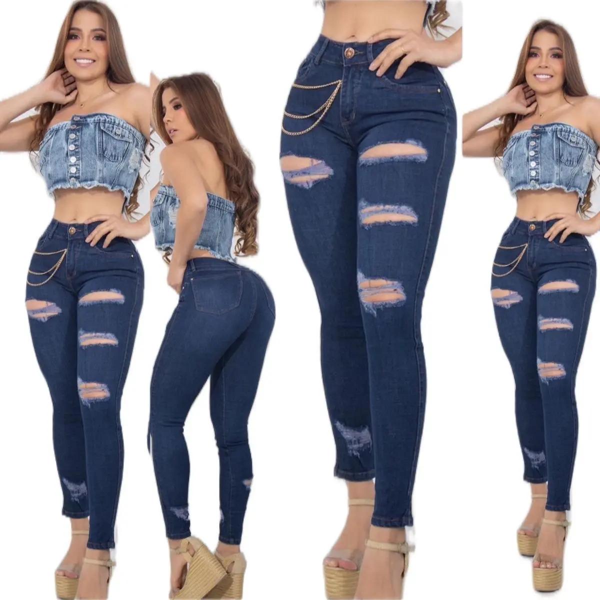 K1244 High-Rise Distressed Jeans with Gold Chain Detail
