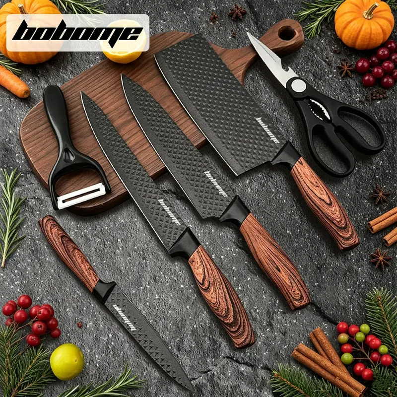 BOBOME 6-Piece Kitchen Knife Block Set - 8 in Thick Non-Stick Stainless Steel Cutting Tools with Ergonomic Wood Handle, Steel+Wood Kit, 6 Tools in 1 Block for Daily Kitchen Use, Covers Daily Prep (Chef Blade, Small Cleaver, Paring Blade, Scissors)
