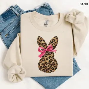 Leopard Bunny Sweatshirt, Girly Easter Bunny Sweater, Holiday Animal Print Crewneck, Trendy Leopard Print Lover Spring Top