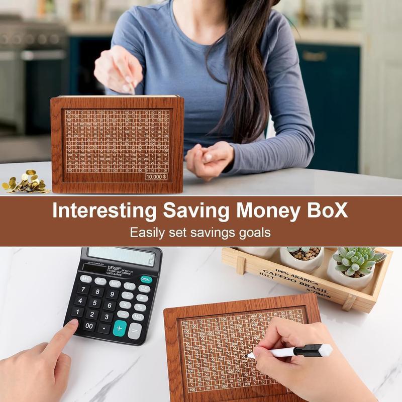 Wooden Money storage jar Money Bank, Countdown Money Saving Box with 10000 Dollars Target, Money storage jar with Money Target and Numbers to Check for Boys Girls (10000 USD)