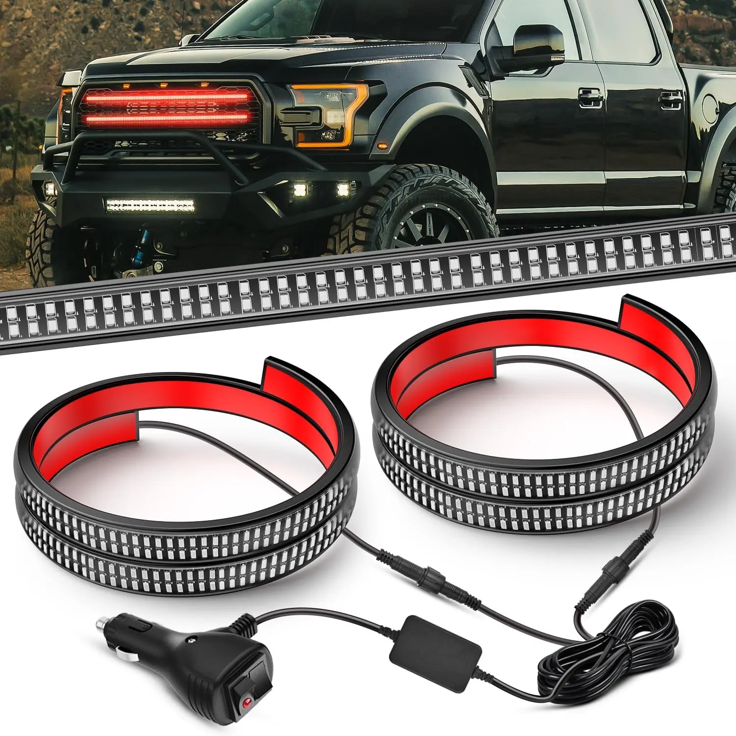 Nilight 2PCS 24in Grille Strobe Light Strips - 384 LED Red Flexible Side Flashing Waterproof 2-in-1 Safety Kit, Buckle, PVC Hose, Adhesive Peel Stick, IP67 Rated, Zip Ties, Screws for Tow Plow Trucks