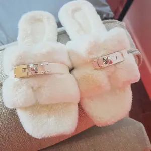 Mao Mao Women's Soft Furry Slippers 2025 Spring Autumn Round Toe Non-Slip Sole Adjustable Straps Elegant Home Wear Flipflop Girl Walking Shoes