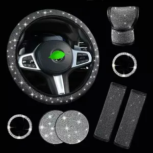8-Piece Set Car Accessories, Rhinestone Steering Wheel Cover, Seatbelt Cover, Gear Shift Cover, Cup Holder Mat, One-Button Start Ring
