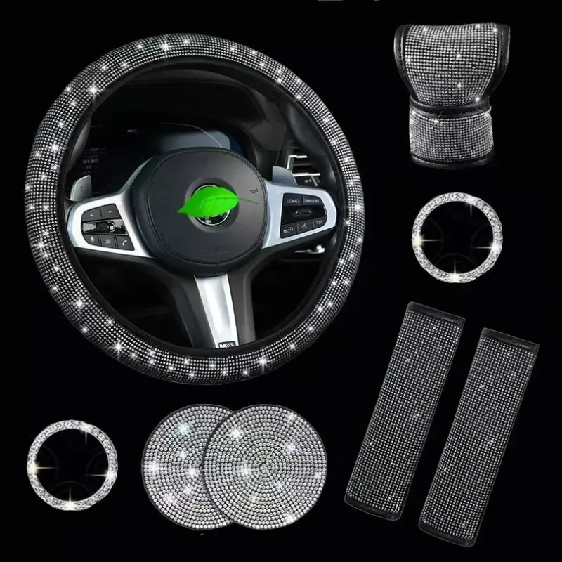 8-Piece Set Car Accessories, Car Interior Kit, Rhinestone Steering Wheel Cover, Seatbelt Cover, Gear Shift Cover, Cup Holder Mat, One-Button Start Ring