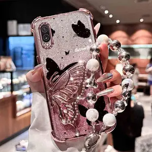 Fashion Strap Lanyard M02 Durable PC Phone Holder Case Compatible With for Samsung Galaxy M02 Beautiful Black Butterfly Case Cover for Young Mom