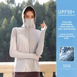 Original yarn nylon, ice silk, cool sunscreen clothing, hooded men's and women's UV protection sunscreen clothing, breathable. Compression Athletic T-Shirts Solid Zip-Up Pocket Sports Jacket