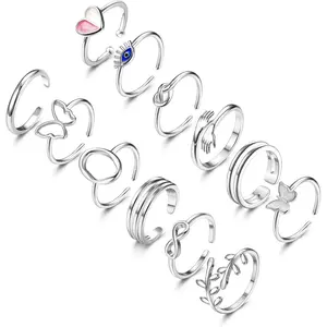Adjustable Cute Knuckle Rings for Women, Adjustable Open Stackable Thumb Rings Hug/Evil Eye/Wave/Heart/Butterfly Rings Set Pack