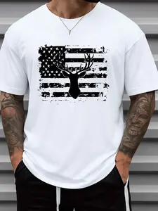 Men's 180g 100% Cotton Deer Flag T-Shirt - Short Sleeve Round Neck Casual Tee with Deer Print Logo, White All-Season Outdoor Fitness Activewear Top, Machine Washable for, Gym & Casual Attire
