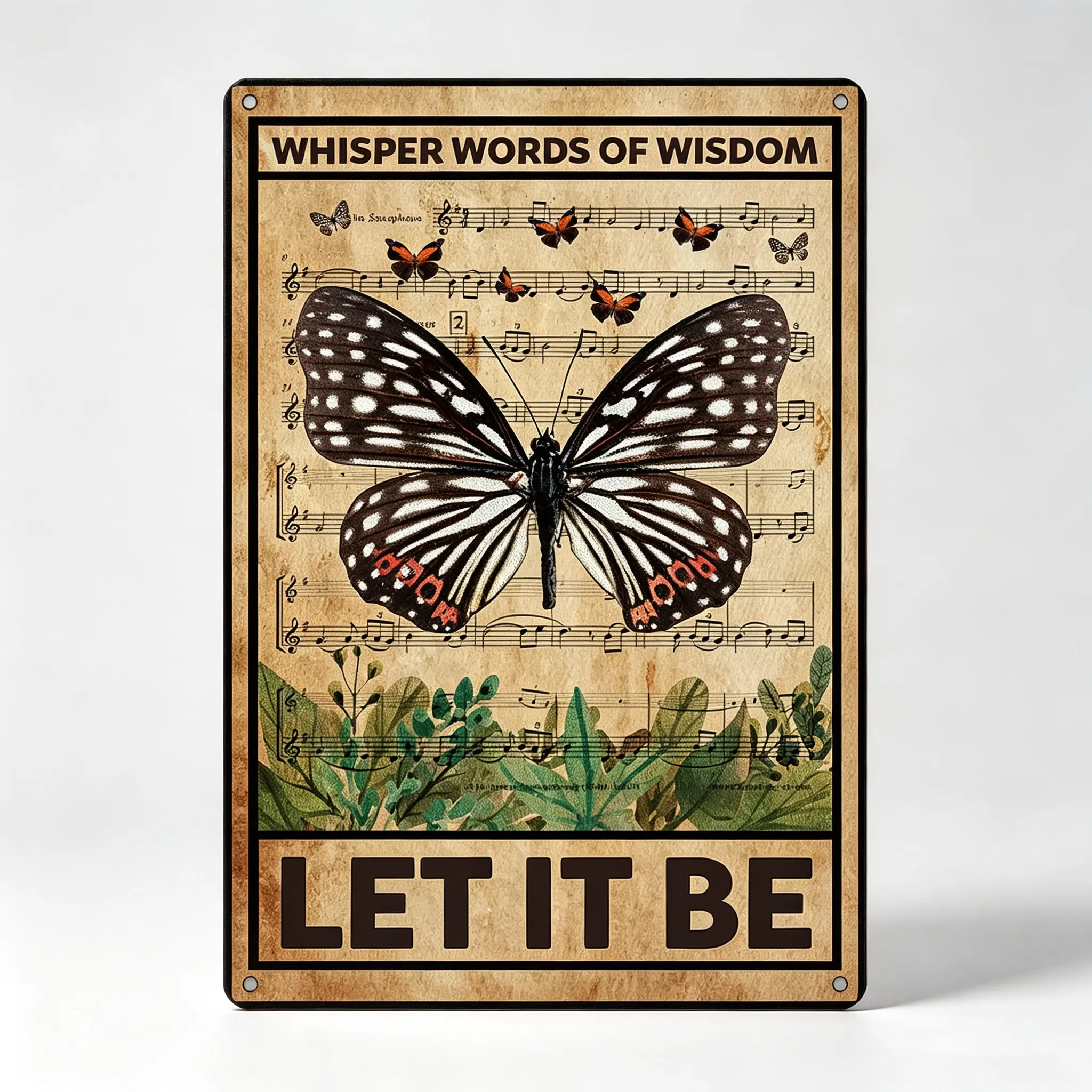 Vintage Metal Aluminum Butterfly Print Wall Decoration - 8x12in Art Sign with "Let It Be Whisper Words of Wisdom" Quote, Home Decor Gift Ideas