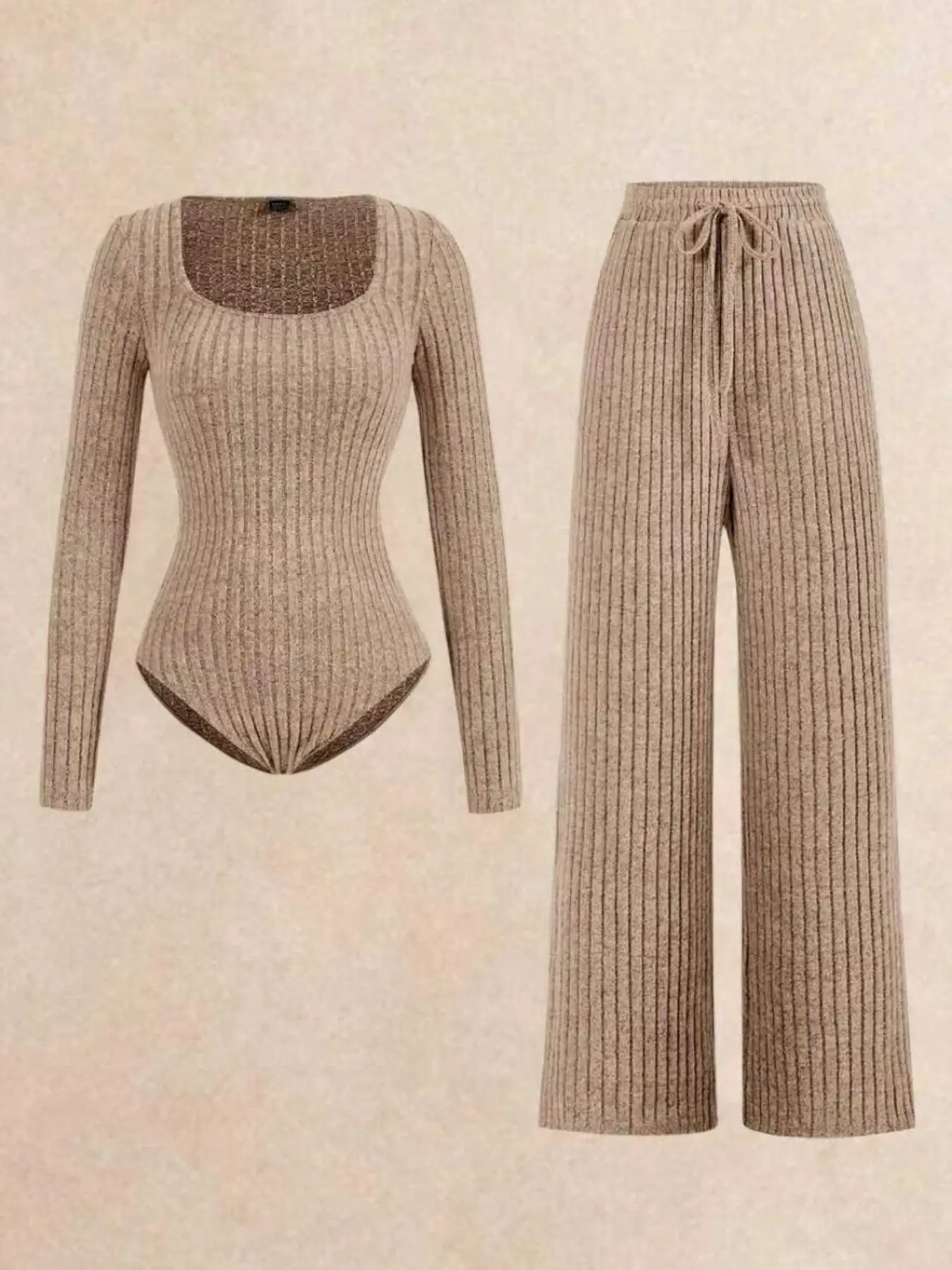 2 Piece Set Ribbed Tight Fitted and Pants, Women Casual Style, Long Sleeve Tight Fitted Dress and Wide Leg Pants, Comfortable and Stylish, Knitted Set Clothes, Womenswear