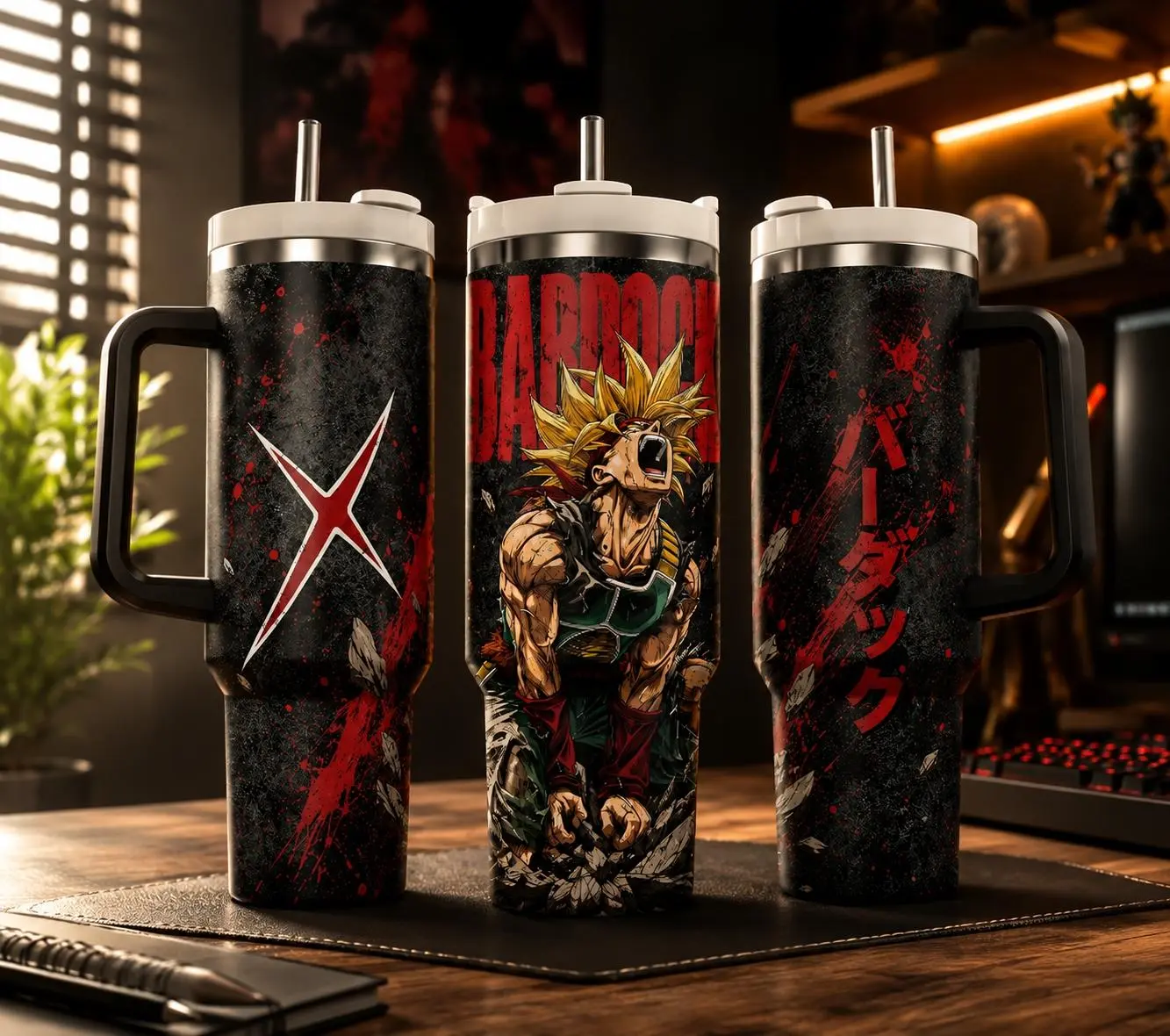 Saiyan Warrior 40oz Tumbler with Handle & Straw, Anime Inspired Insulated Stainless Steel Travel Mug, Double Wall Vacuum Cup, Gift for Fans
