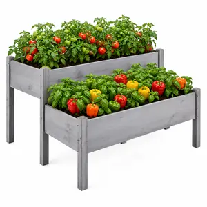 Costoffs 2-Tier Raised Garden Bed – Elevated Wooden Planter Box with Legs for Flowers, Vegetables, and Herbs, Natural Wooden Twin Beds for Garden or Yard