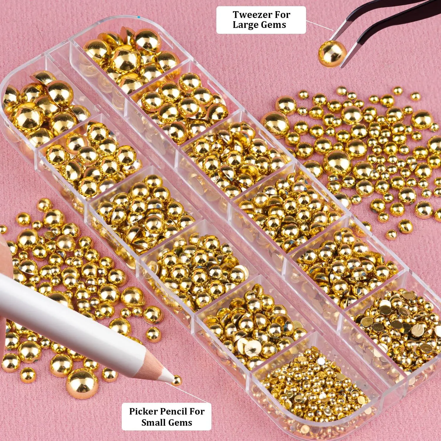 3Pcs/Set Gold Half Round Flatback Pearl Nail Charms - 12Grids Pearls Rhinestone Kits with Pickup Pencil & Tweezer Nail Art Tools