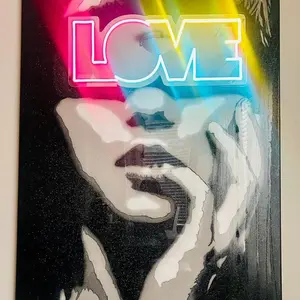 "Self Love" 36x48 Original Canvas Art Piece with Built-in Mirror Love Neon Sign, Black and White Silhouette, Shimmer Clear Coat Covered.