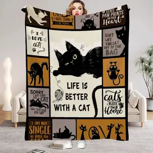 Lovely Black Cat Print Smooth Flannel Blanket Soft Funny Throw Summer Blanket Cozy Lightweight Plush Portable Cover Blanket For Sofa,Warm Gift For Birthday,Christmas,Multiple Blanket