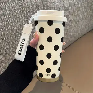 Premium Polka Dot Coffee Thermos Cup, 530ML with Straw and Lid, Vacuum Insulated Travel Mug, Insulated Tumbler, Leakproof Tumbler, Leak-Proof Handle, Suitable for Hot/cold Drinks