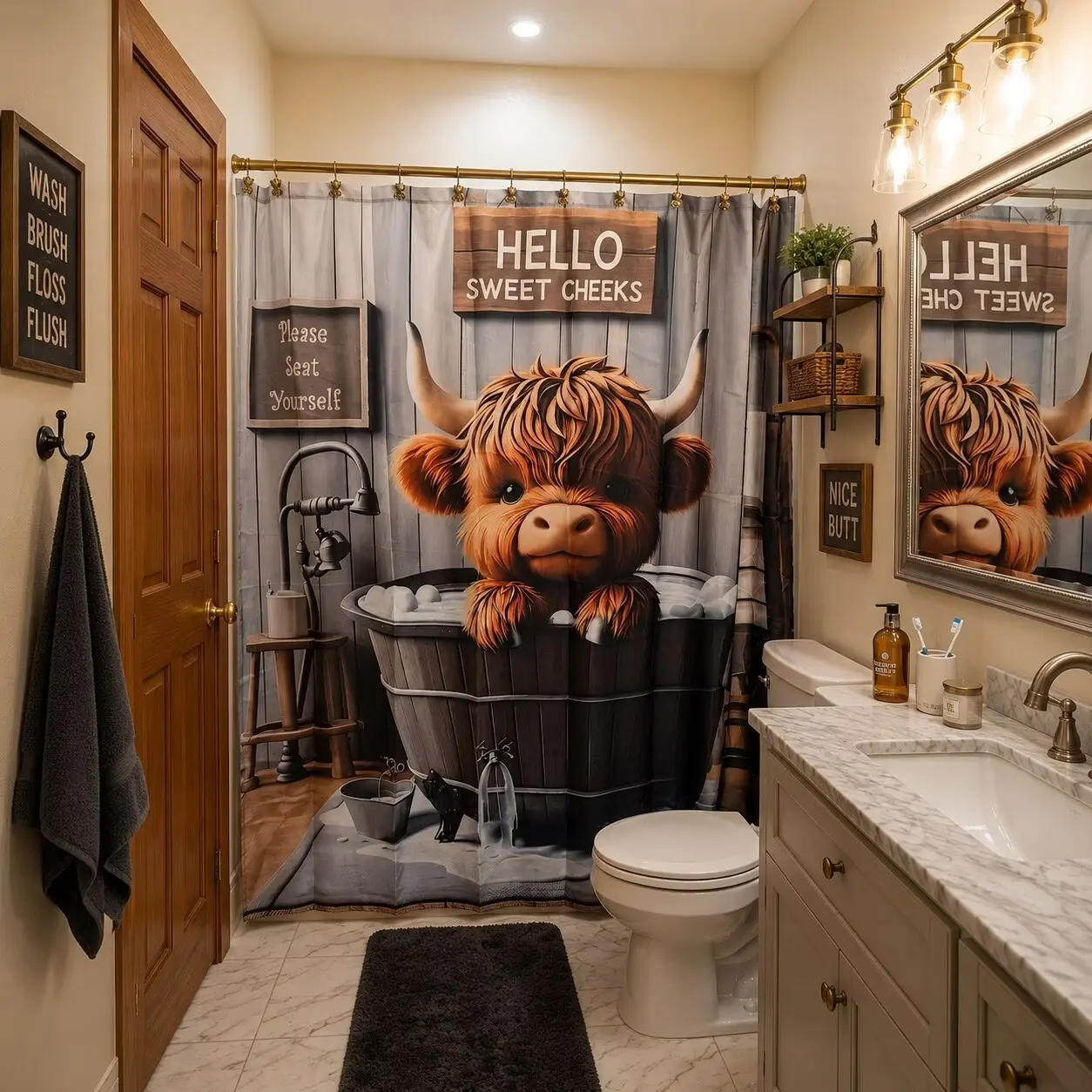 1/4pcs Highland Cow Calf Bathing Design Bathroom Shower Curtain and Mat Set, Bathroom Decor And Accessories, Aesthetic Bathroom Decor, includes 12 hooks, non-slip bathroom mat, non-slip toilet U-shaped mat, toilet seat cover, modern home decor
