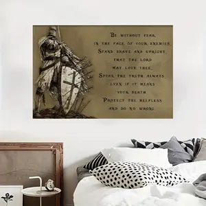 1 Piece Framed Templar Inspiring Canvas Wall Art - Wooden Frame, Medieval Knight Pattern, with Inspirational Quotes, Perfect for Living Room, Bedroom, Office or Bar Decoration, Indoor/Outdoor Use, Office Artwork | Medieval themed art | Brown canvas