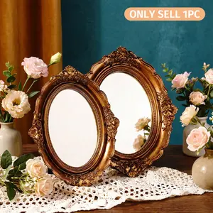 European Classical Antique Copper Oval Mirror Decorative Piece, Home Decor Mirror, Vintage Court Style Resin Frame, Makeup Table Accessory, Photography Prop