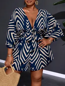 Plus Size Women Holiday Casual V-Neck Loose Printed Romper With Tie Belt