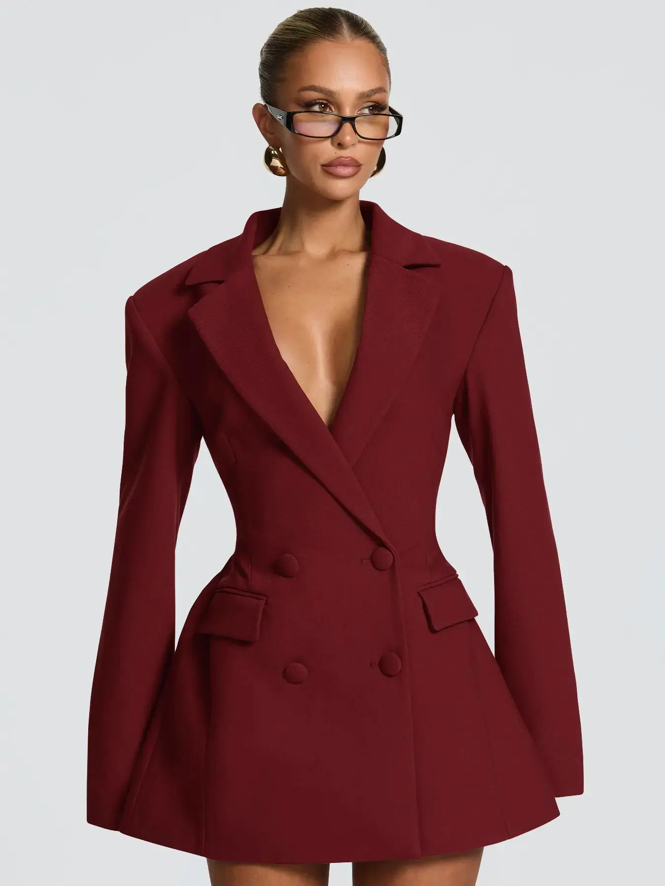 Double-Breasted Waist-Tapered Suit Dress, Deep V Neckline Back Belt Slim Fit Formal Chic Workwear for Commuter & Date Women
