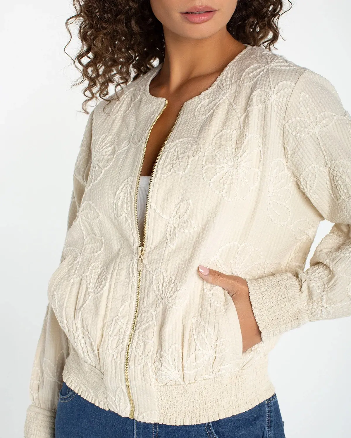 Women's Floral Embroidery Collarless Zip-Up Bomber Jacket - Casual Boho Outerwear with Pockets, Transitional Top