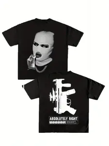 Men's Loose-Fitting Casual T-Shirt with Gangster Mask and Gun Print, Fashionable Street Style for All Seasons, Unisex Youth Design