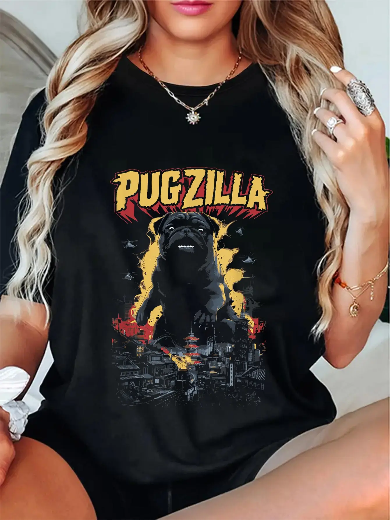 100% Cotton Unisex Pugzilla Funny Pug Lover Pug Owner T-Shirt Pug Pet Dog Breed