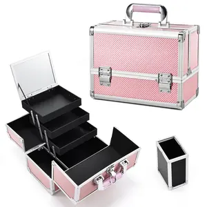 Joligrace Large Makeup Box 3 Tray Cosmetic Train Case Lockable with Keys, Mirror and Brush Holder Travel Cosmetic Display Case