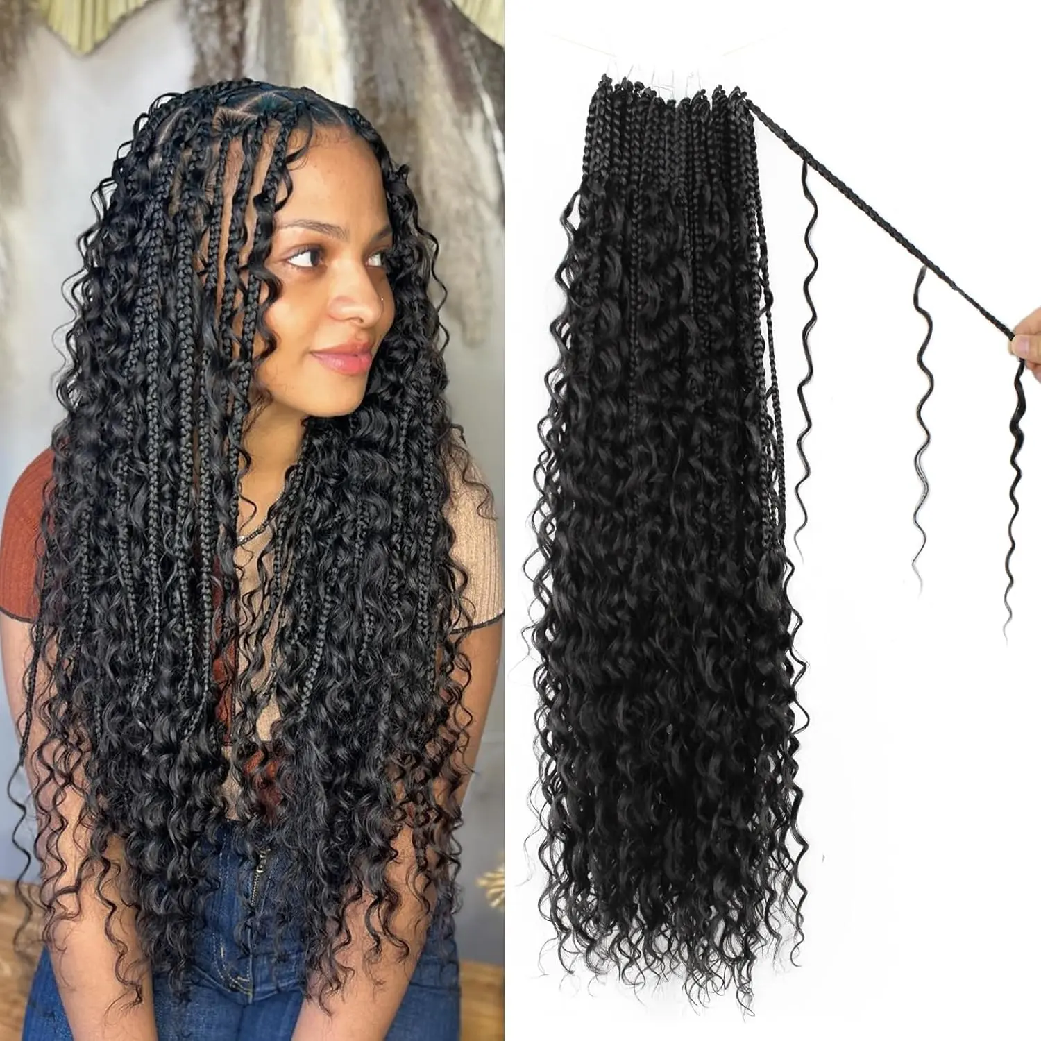 ENBEAUTIFUL Pre-Looped Synthetic Braided Hair Extensions, 18in Goddess Box Braids with Bohemian Soft Curls, 8 Pack 1B Natural Black Protein Silk Fiber DIY Extensions for Styling