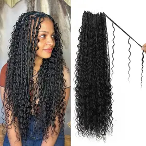 Boho Goddess Crochet Hair Extensions - 18 Inch 1B Natural Black, 8-Pack Pre-Knotted Curly Tips, High-Protein Fiber for Effortless Box Braids