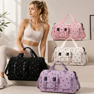 Cute Strawberry Pattern Travel Bag with Independent Shoe Compartment | Large-Capacity Luggage Bag for Fitness and Short Trips