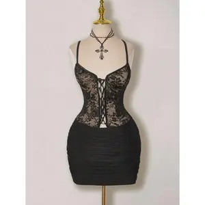 Fall Floral Lace Mini Dress Party Tie Front Sleeveless Bodycon Mesh Sheer Dresses