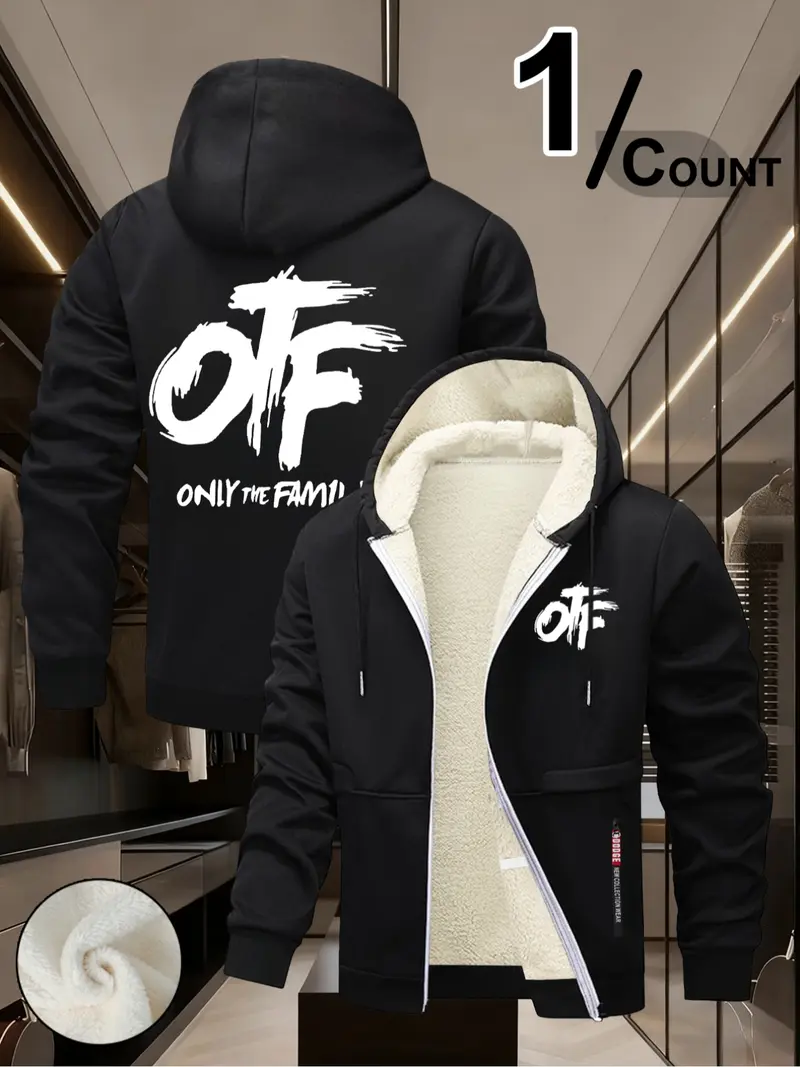 Otf Fleece-Lined Hoodie Zipper Sweatshirt, Street Graffiti Print Lamb Wool Warm Trendy Jacket, Casual Winter Fitted Outerwear, Hot Trending Hoodies