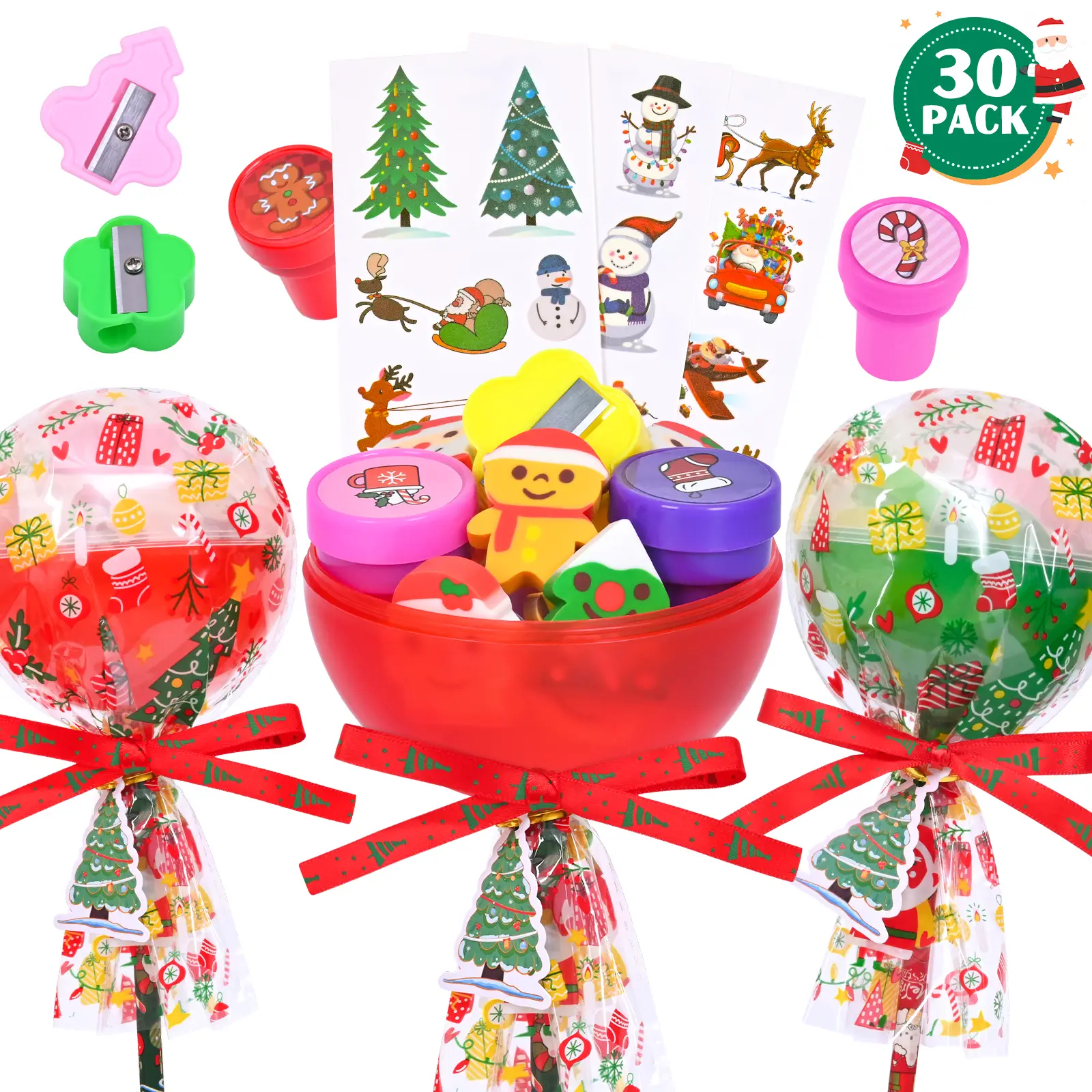 Christmas Gifts for Kids - 30 Pack Lollipop-Shaped Stationery Set with Christmastree Cards Slap Bracelets Pencils Stickers Erasers Stampers Sharpener