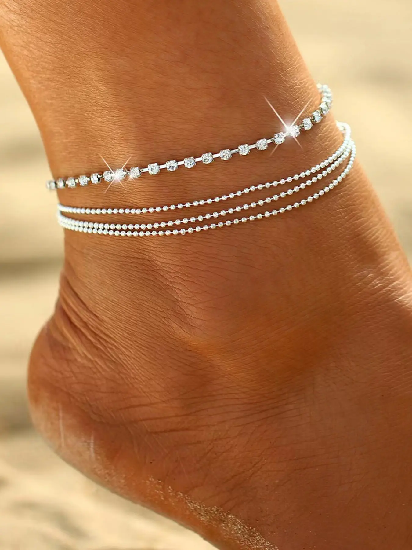 Rhinestone Layered Ankle Bracelets for Women, Adjustable Silver Shiny Bead Anklets, Twinkle Cubic Zircon Diamond Anklet Foot Chain Jewelry Gifts, Dainty Layered Anklet