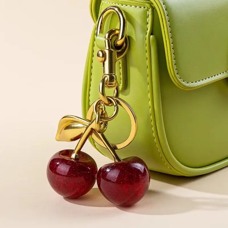 Stylish Cherry Fruit Acrylic Keychain with Red Glitter, Durable Wristlet Strap with Gold-Tone Stainless Steel C Hook, Bag Charm, Keychain Wristlet Strap, Stylish Keychain