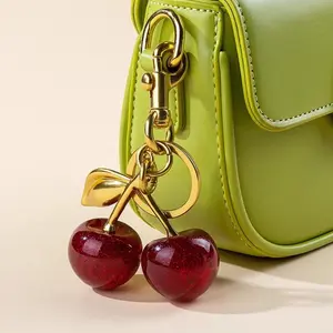 New Personality Trendy Stainless Steel Acrylic Cherry Keychain Red Glitter Design Gold Hook Charm Bag 6.9cm x 13cm