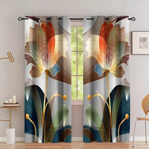 Glam Style 2pcs Abstract Floral Privacy Grommet Curtains - Polyester Brushed Fabric, Semi-Transparent, Modern Digital Print - Machine Washable, Fade-Resistant, Twill Weave, with No-Lining for Living Room Bedroom Decor Window Curtain
