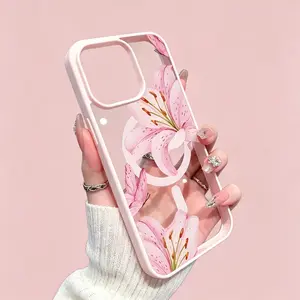 Pink Lilies Magnetic Phone Case for iPhone 17/16/15/14/13/12 Pro Max Plus Air X XS Fashionable Pattern Design Transparent Shockproof Classic Gift Ultra-Thin Protective Smartphone Cover