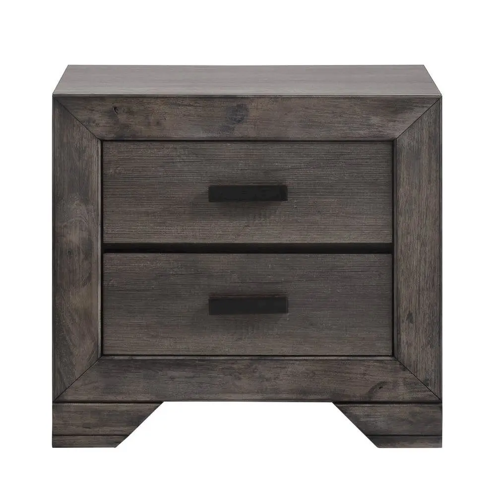 Compact Gray Wire-Brushed Solid Wood 2-Drawer Nightstand, Contemporary Minimalist Indoor Furniture for Modern Bedrooms