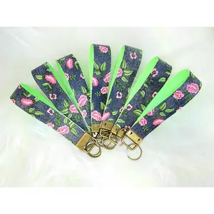 Floral Denim Faux Leather Wristlet Keyrings