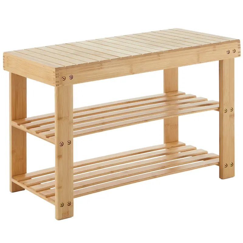 Sweetcrispy 3-Tier Natural Bamboo Shoe Rack Bench - Modern Shoe Rack, Footwear Organization, 22lb Capacity (22 lb on Each Shelf), Side Table, Plant Stand, Quick Setup Indoor Furniture for Entryway (Top Bag Rest)