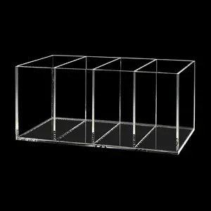 4 Compartments Clear Acrylic Pen Holder Organizer, Multi-functional Desk Storage Container for Pencils Makeup Brushes Stationery