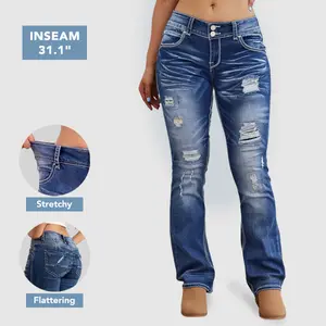 Flamingals High Stretch Bootcut Jeans Low Rise Ripped Wash Contrast Stitch BBL Flattering Fit