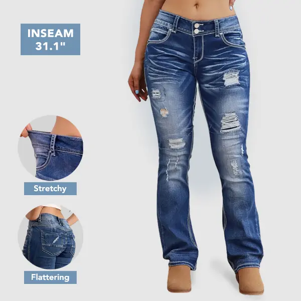 Flamingals High Stretch Bootcut Jeans Low Rise Ripped Wash Contrast Stitch BBL Flattering Fit